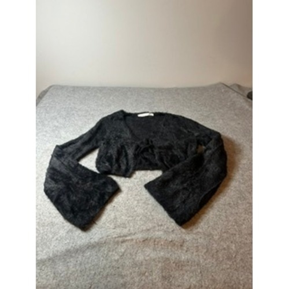 Altar'd State Black Fuzzy Knit Tie Front Bolero Shrug Bell Sleeve Cropped Small
